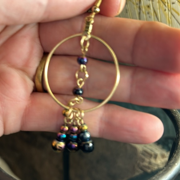 Gold Hoop Earrings with Pearlescent Bead dangle - Picture 5 of 5